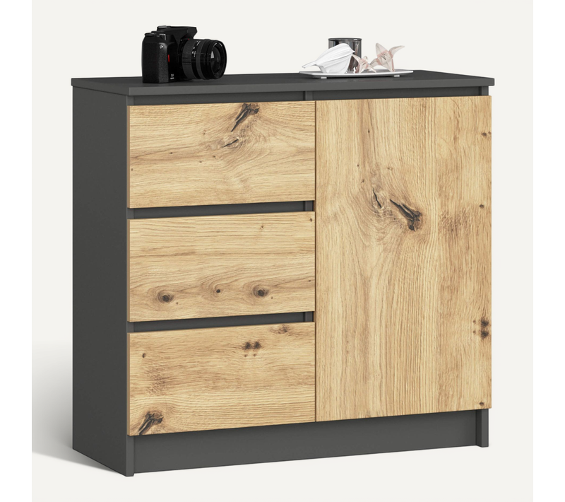 Commode Jerry Gris Graphite 80 Cm 1 Porte 3 Tiroirs Façade Chêne Artisan 2 étagères 80x35x77 Cm