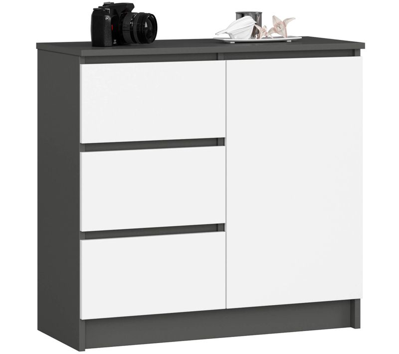 Commode Jerry Gris Graphite 80 Cm 1 Porte 3 Tiroirs Façade Blanche 2 Étagères 80x35x77 Cm