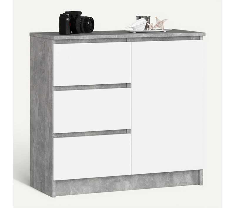Commode Jerry Béton 80 Cm 1 Porte 3 Tiroirs Façade Blanche 2 étagères 80x35x77 Cm