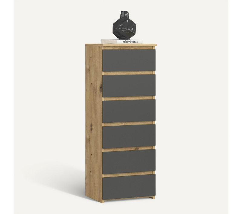 Commode Cl6 Chêne Artisan 40 Cm 6 Tiroirs Façade Gris Graphite 40x35x109 Cm
