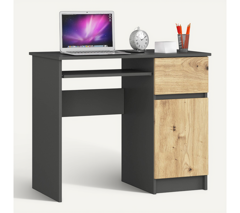 Bureau D'ordinateur Akord Droit Piksel Gris Graphite, Chêne Artisan 90 Cm 90x50x77 Cm