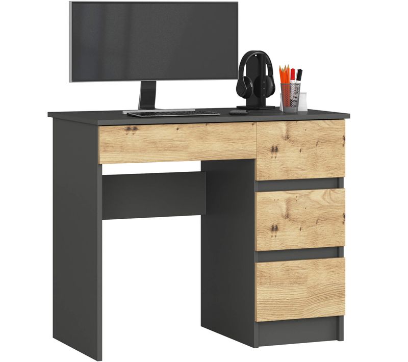 Bureau D'ordinateur Droit A7 Gris Graphite 90 Cm 4 Tiroirs Façade Chêne Artisan 90x50x77 Cm