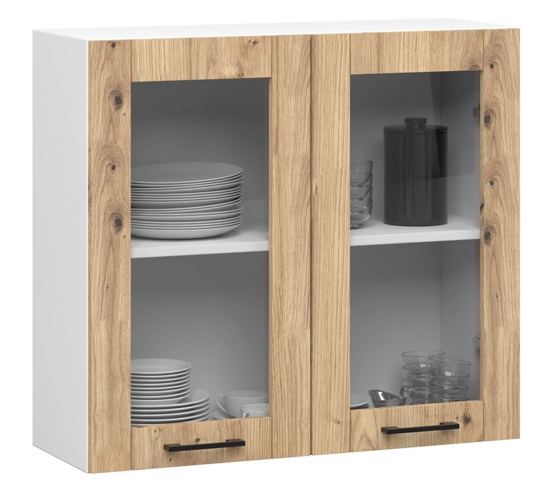 Vitrine De Cuisine Oliwia W80 H720 Blanche, Chêne Artisan 2 Portes 2 Étagères 80x30,5x72 Cm