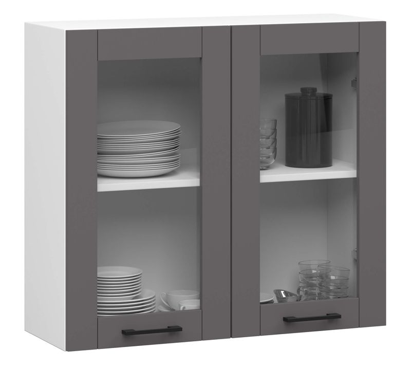 Vitrine De Cuisine Oliwia W80 H720 Blanche, Gris Graphite 2 Portes 2 Étagères 80x30,5x72 Cm