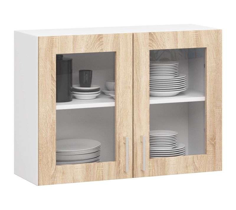 Vitrine De Cuisine Lima W80 D2 Blanche 80 Cm 2 Portes Façade Chêne Sonoma 2 Étagères 80x30,5x58 Cm