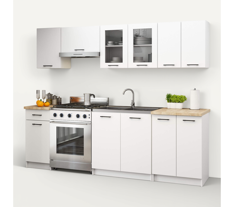 Ensemble De Cuisine Vitré Akord Oliwia 2.4m Blanche 240 Cm 11 Portes 1 Tiroir 240x46x203 Cm