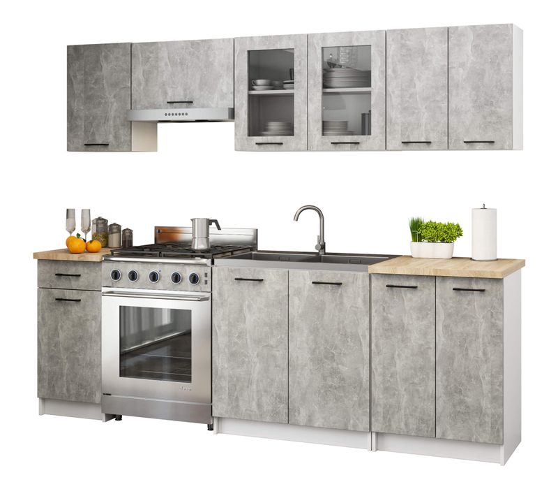 Ensemble De Cuisine Vitré Akord Oliwia 2.4m Béton 240 Cm 11 Portes 1 Tiroir 240x46x203 Cm