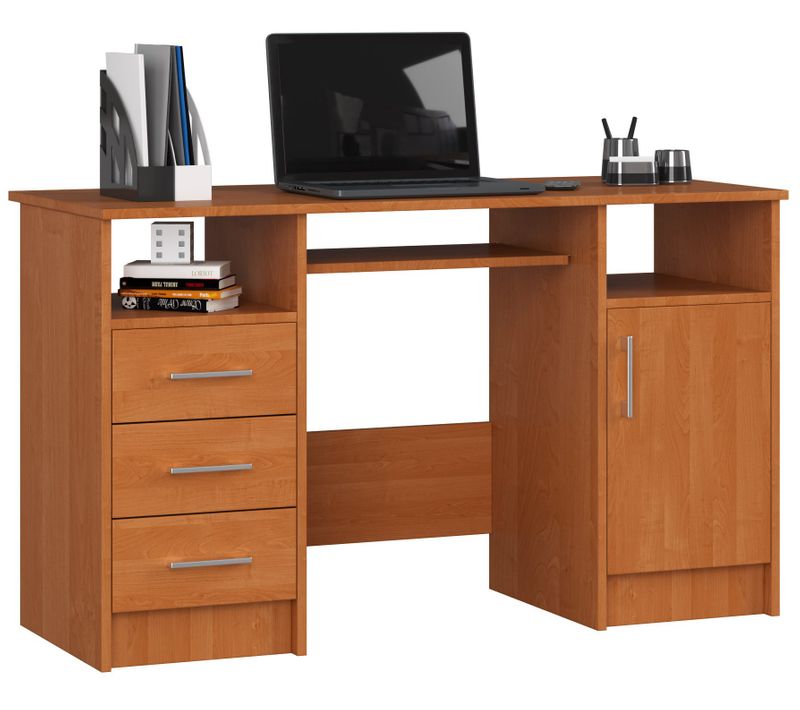 Bureau D'ordinateur Akord Ana Aulne 124 Cm 1 Porte 3 Tiroirs Façade Aulne 5 Étagères 124x52x74 Cm
