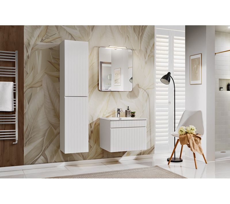 Ensemble De Meubles De Salle De Bain 60 Cm Avec Plan, Vasque Wiki, Colonne Haute, Miroir