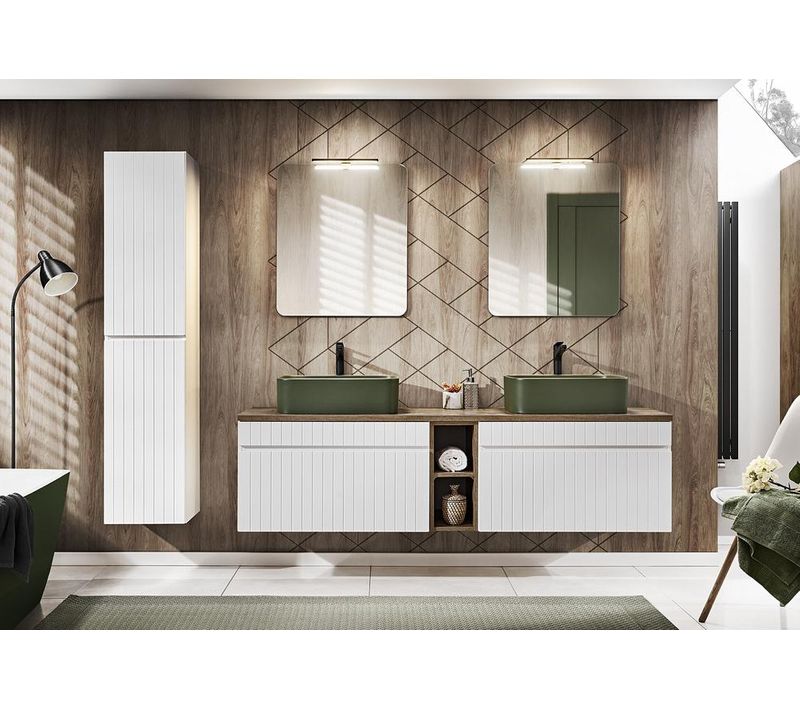 Ensemble De Meubles De Salle De Bain 180 Cm Avec Plan, 2 Vasques à Poser Kama, Colonne, Miroir