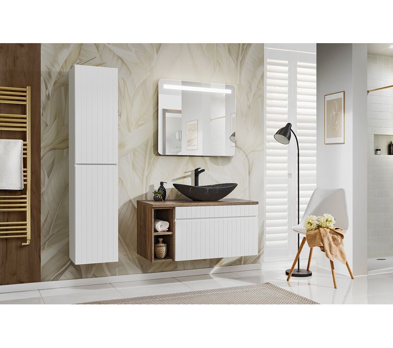 Ensemble De Meubles De Salle De Bain 100 Cm Avec Plan, Vasque à Poser Lena, Colonne, Miroir LED