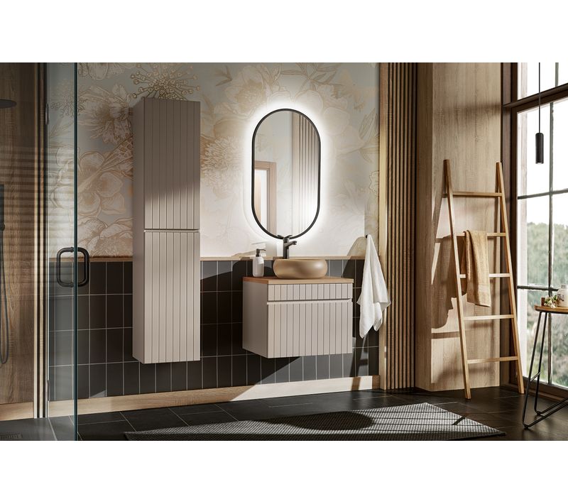 Ensemble Meuble 60 Cm Avec Plan, Vasque Wiki, Colonne Haute Et Miroir LED