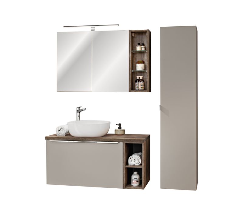 Ensemble Meuble 100 Cm Avec Plan, Vasque à Poser Smile, Colonne Et Armoire Miroir