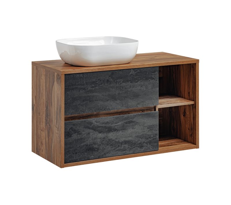 Ensemble Meuble De Salle De Bain 100 Cm Avec Vasque à Poser Sur Plan De Toilette Couleur Bois