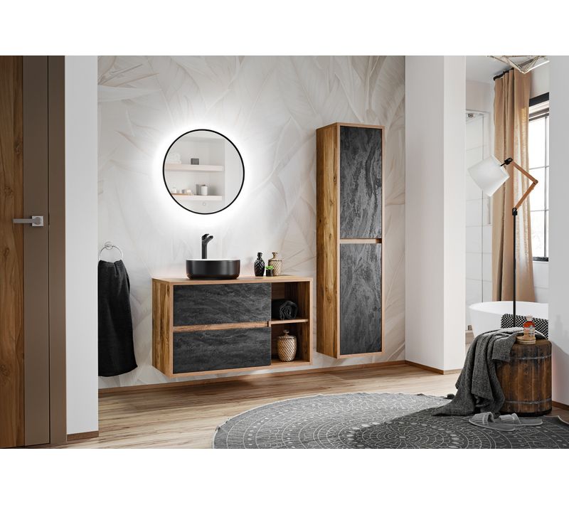 Ensemble Meuble 100 Cm Avec Vasque à Poser, Colonne Et Miroir LED