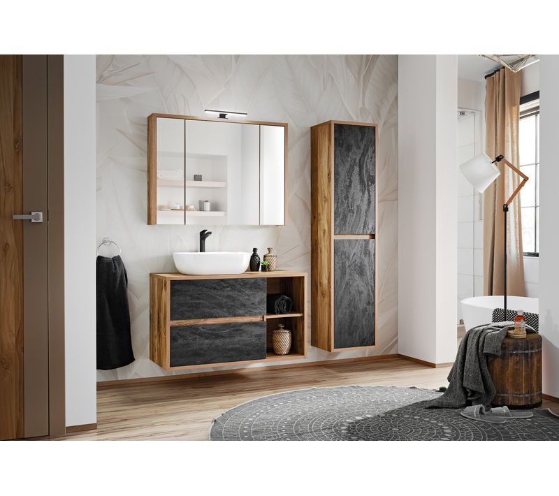 Ensemble De Meubles De Salle De Bain 100 Cm Avec Vasque à Poser, Colonne Et Armoire Miroir
