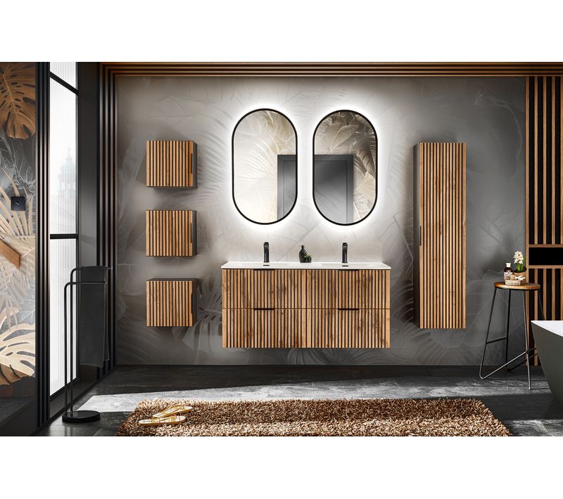 Ensemble De Meubles De Salle De Bain 120 Cm Avec Lavabo, Colonne Haute Et Miroir