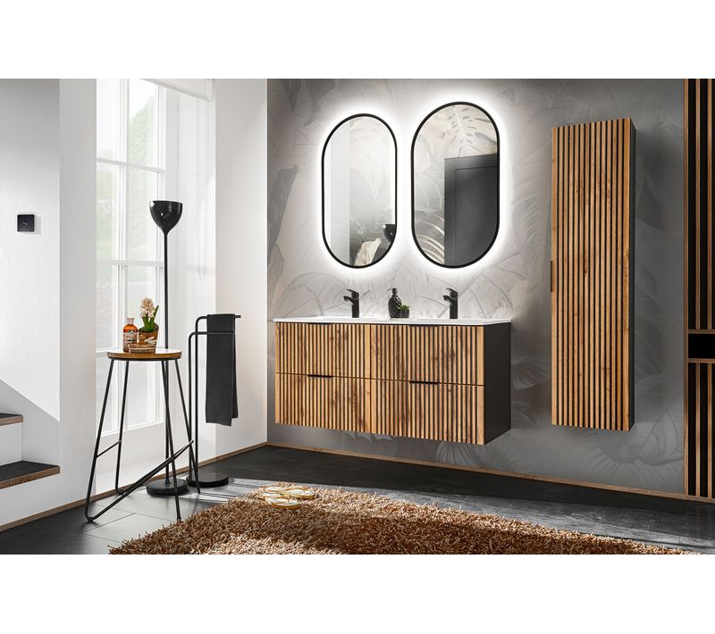 Ensemble De Meubles De Salle De Bain 120 Cm Avec Lavabo, Colonne Haute Et Miroir