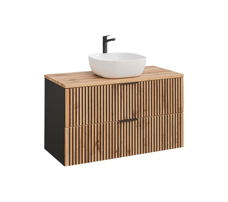 Ensemble Meuble 100 Cm Avec Vasque à Poser Sur Plan De Toilette, Couleur Bois