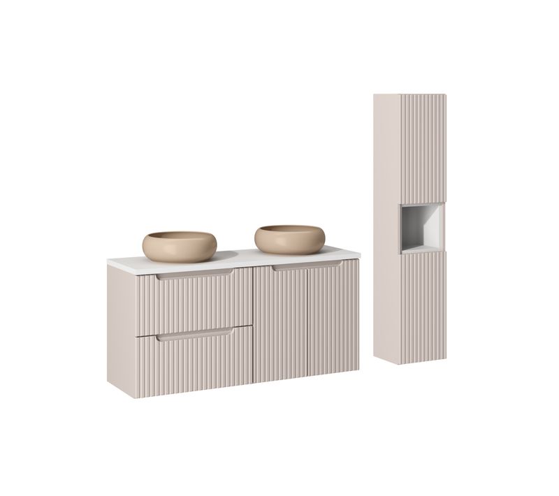 Ensemble De Meubles De Salle De Bain 120 Cm Avec Plan, 2 Vasques à Poser Wiki, Colonne Haute