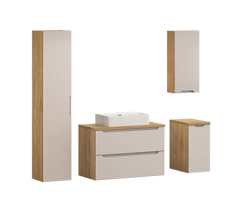 Ensemble Meuble 90 Cm Avec Plan, Vasque à Poser Trust Et Colonne Haute
