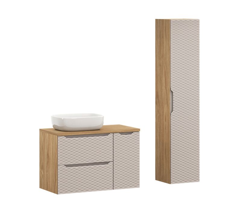 Ensemble Meuble 90 Cm Avec Plan Vasque, Vasque à Poser Smile Et Colonne Haute