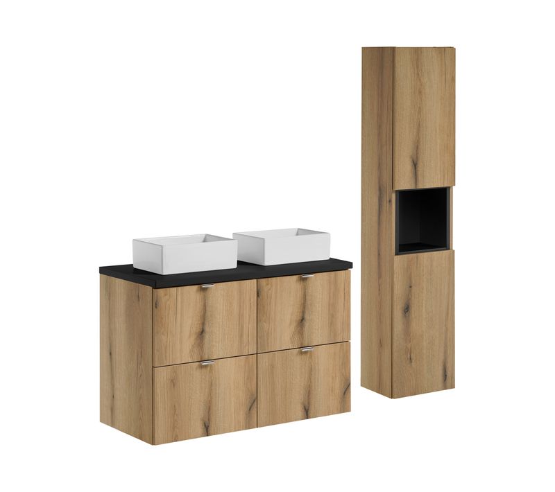 Ensemble Meuble 100 Cm Avec Plan Vasque, Vasque à Poser Gaja Et Colonne Haute