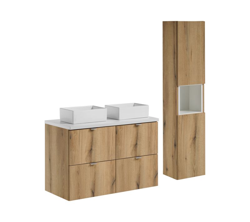 Ensemble Meuble 100 Cm Avec Plan, 2 Vasques à Poser Gaja, Colonne Haute