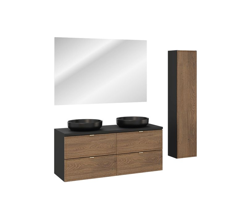 Ensemble Meubles Salle De Bain 120 Cm Avec Plan, 2 Vasques à Poser River, Colonne, Miroir LED