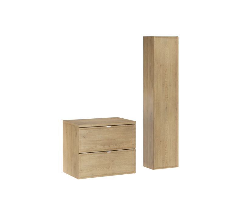 Ensemble Meuble Salle De Bain Suspendu 60 Cm Terra Cremona Chêne Avec Plan Et Colonne 30 X 140 Cm