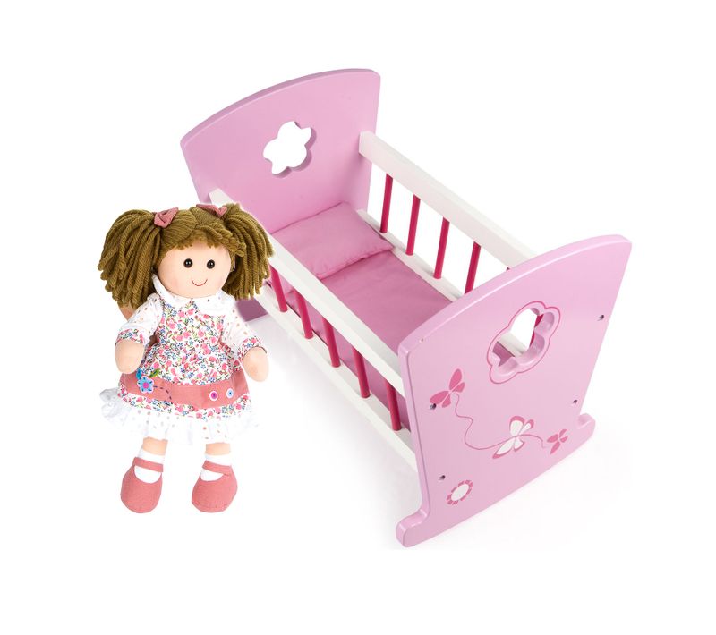 Berceau En Bois + Poupée Brunette Douce "princesse"