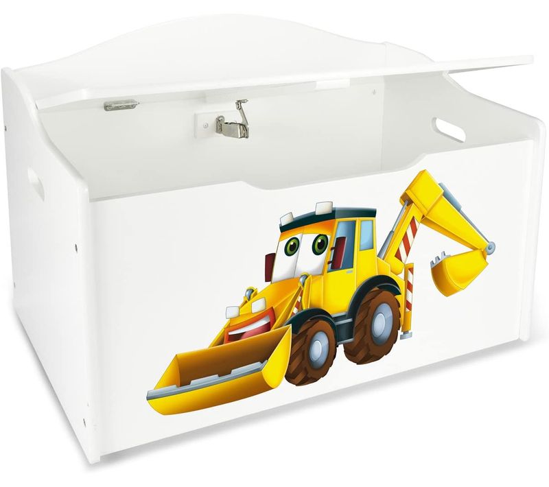 Coffre XL à Jouets En Bois Rangement Pour Enfants Couleur Blanc M. Excavateur