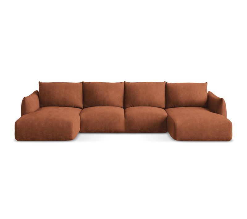 Canapé Panoramique 4 Places Convertible Leila En Tissu Chenille Terre Cuite