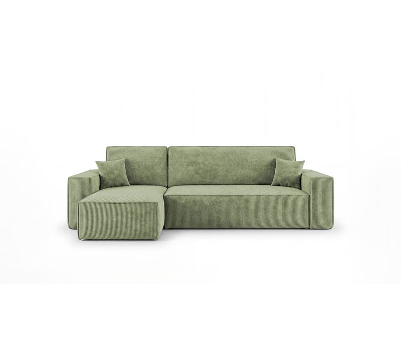 Canapé D'angle California Mini Gauche Vert Clair Velours Côtelé Poso 47 Fonction Couchage