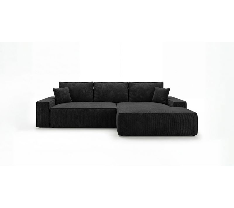 Canapé D'angle Verona Droit Noir Velours Côtelé Poso 135 Fonction Couchage Coffre À Literie