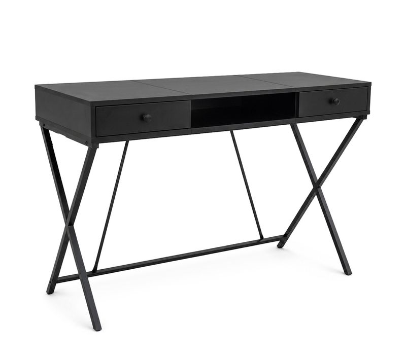 Bureau Informatique Industriel Noir Crossline 120 Cm 2 Tiroirs 1 étagère Pieds Noirs
