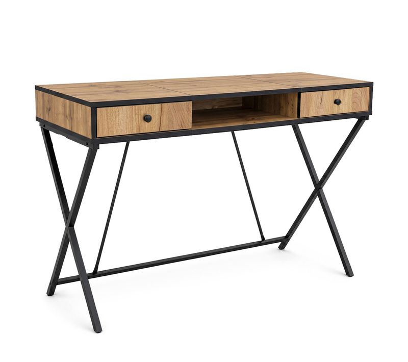 Bureau Informatique Industriel Chêne Craft Crossline 120 Cm 2 Tiroirs 1 étagère Pieds Noirs