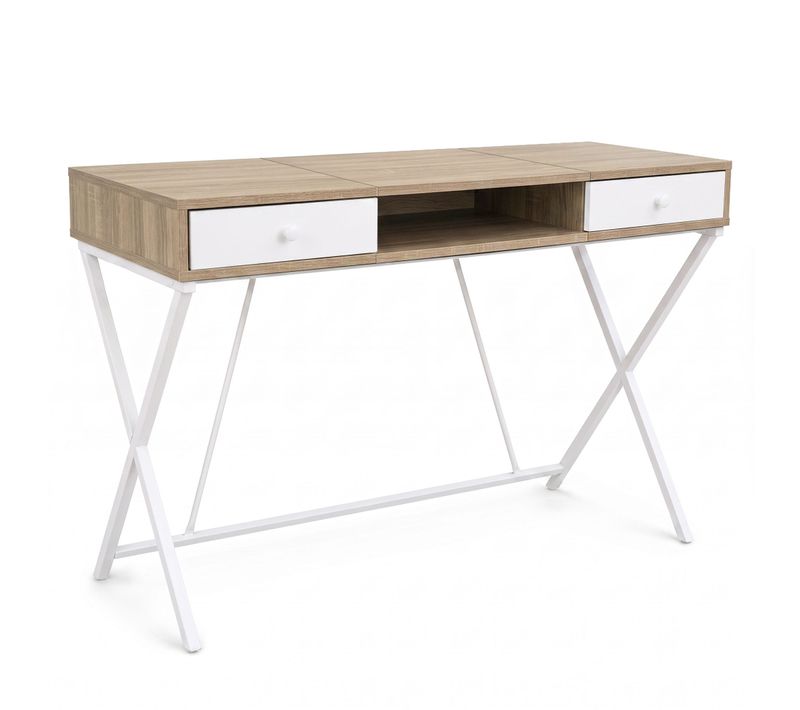 Bureau Informatique Industriel Chêne Sonoma Crossline 120 Cm 2 Tiroirs 1 étagère Pieds Blancs
