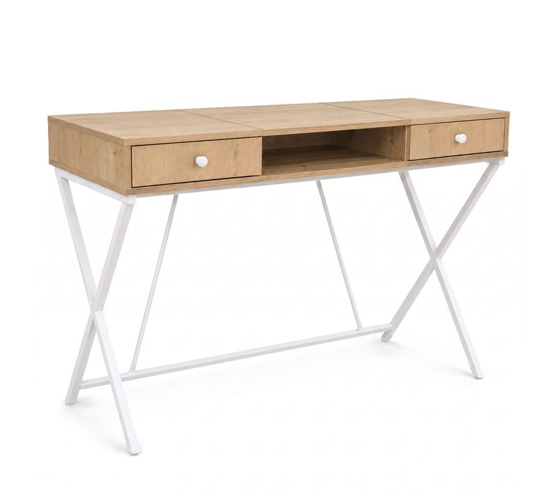 Bureau Informatique Industriel Chêne Artisan Crossline 120 Cm 2 Tiroirs 1 étagère Pieds Blancs