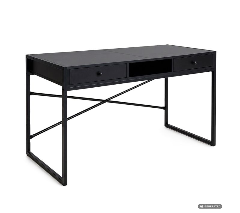 Bureau Informatique Style Industriel Noir Elonis 123 Cm 2 Tiroirs 1 étagère Pieds Noirs