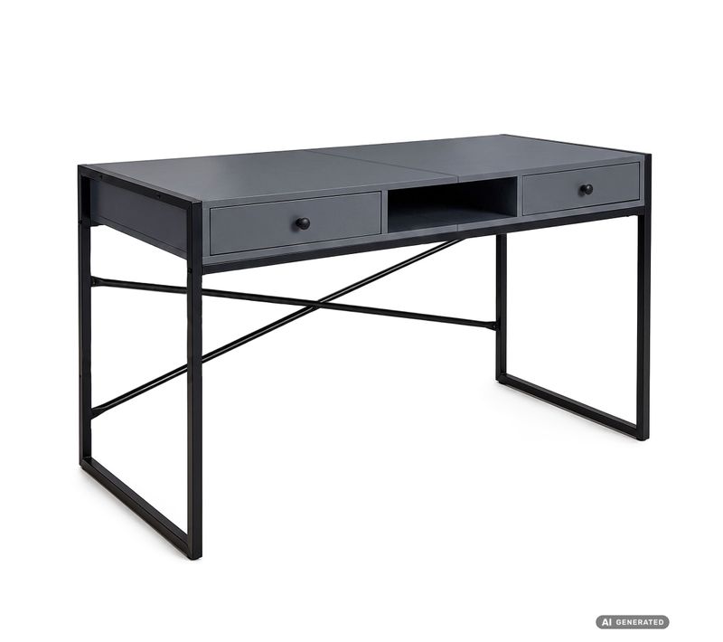 Bureau Informatique Style Industriel Graphite Elonis 123 Cm 2 Tiroirs 1 étagère Pieds Noirs
