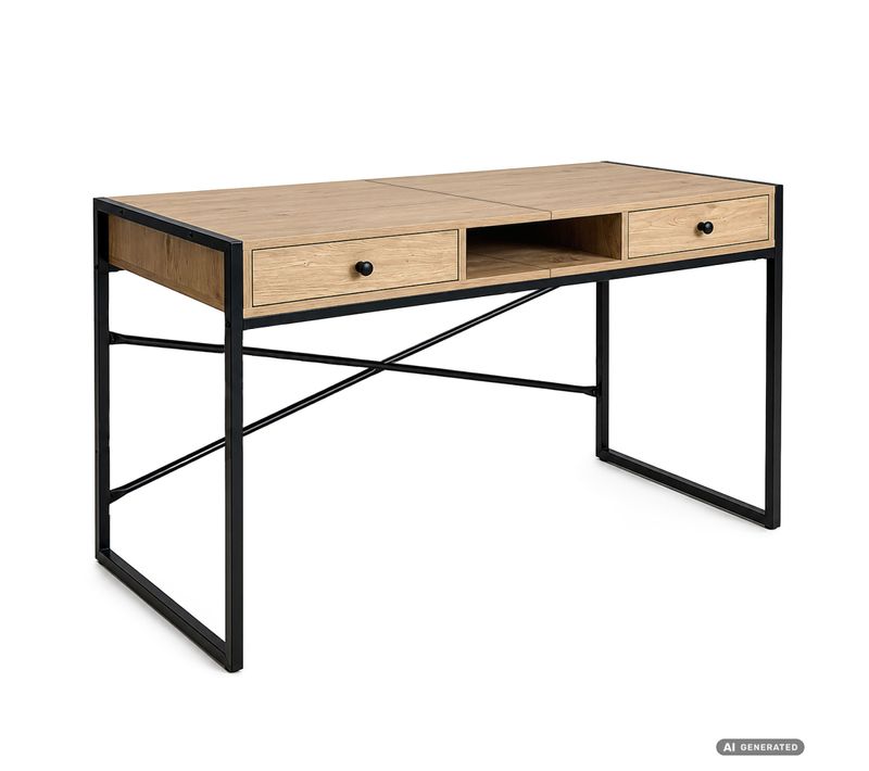 Bureau Informatique Style Industriel Chêne Artisan Elonis 123 Cm 2 Tiroirs 1 étagère Pieds Noirs