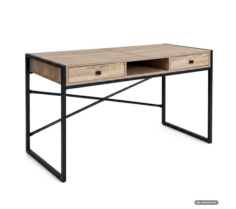 Bureau Informatique Style Industriel Chêne Sonoma Elonis 123 Cm 2 Tiroirs 1 étagère Pieds Noirs