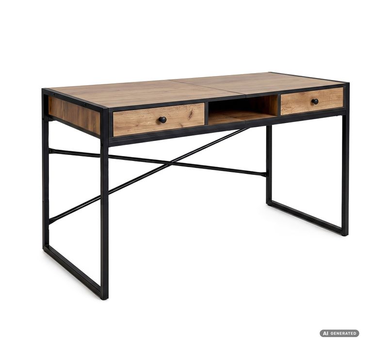 Bureau Informatique Style Industriel Chêne Craft Elonis 123 Cm 2 Tiroirs 1 étagère Pieds Noirs