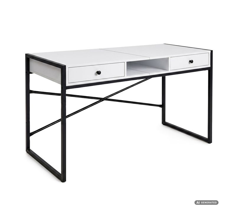 Bureau Informatique Style Industriel Blanc Elonis 123 Cm 2 Tiroirs 1 étagère Pieds Noirs