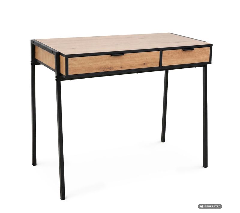 Bureau Informatique Style Industriel Chêne Craft Zentia 100 Cm 2 Tiroirs Pieds Noirs