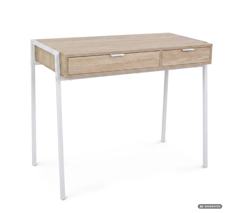 Bureau Informatique Style Industriel Chêne Sonoma Zentia 100 Cm 2 Tiroirs Pieds Blancs