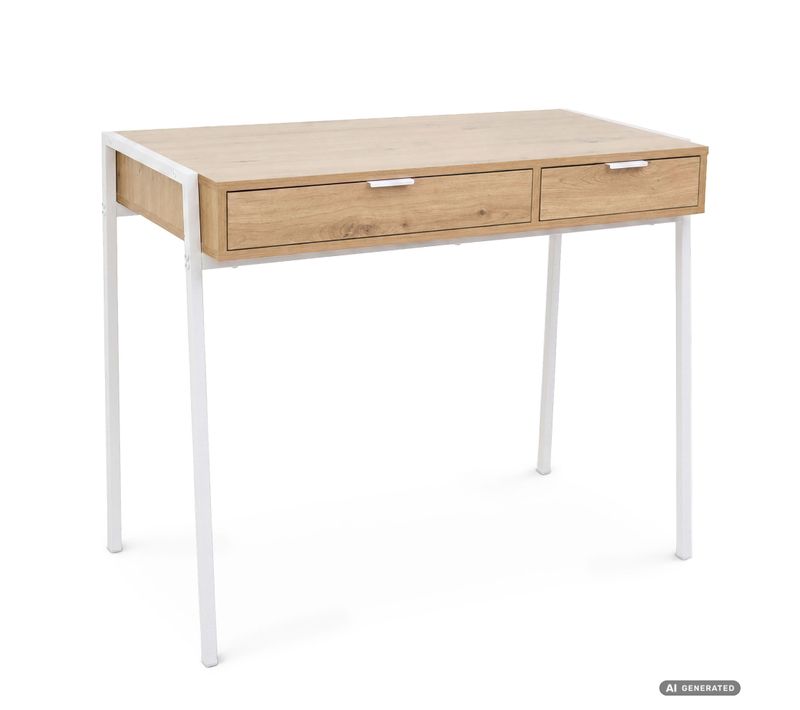 Bureau Informatique Style Industriel Chêne Artisan Zentia 100 Cm 2 Tiroirs Pieds Blancs