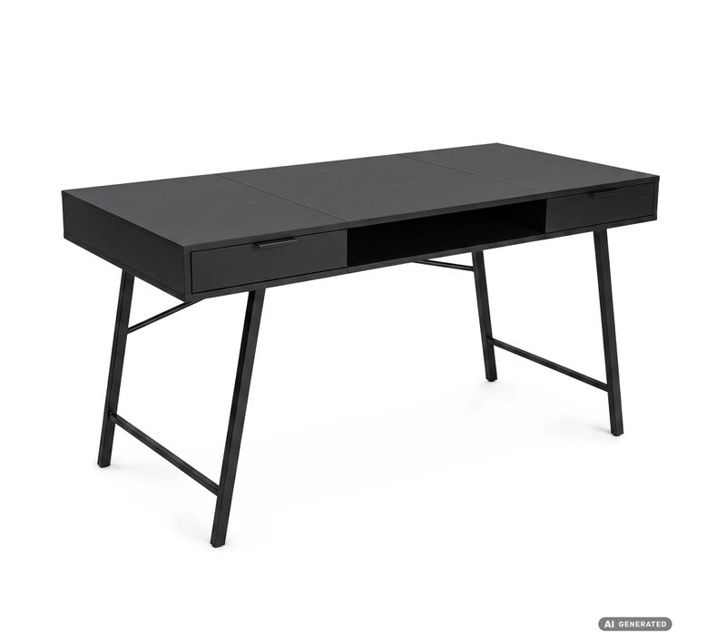 Bureau Informatique Style Industriel Noir Arden 120 Cm 2 Tiroirs 1 étagère Pieds Noirs
