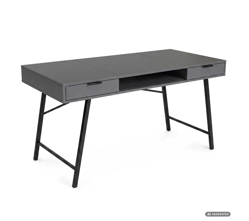 Bureau Informatique Style Industriel Graphite Arden 120 Cm 2 Tiroirs 1 étagère Pieds Noirs